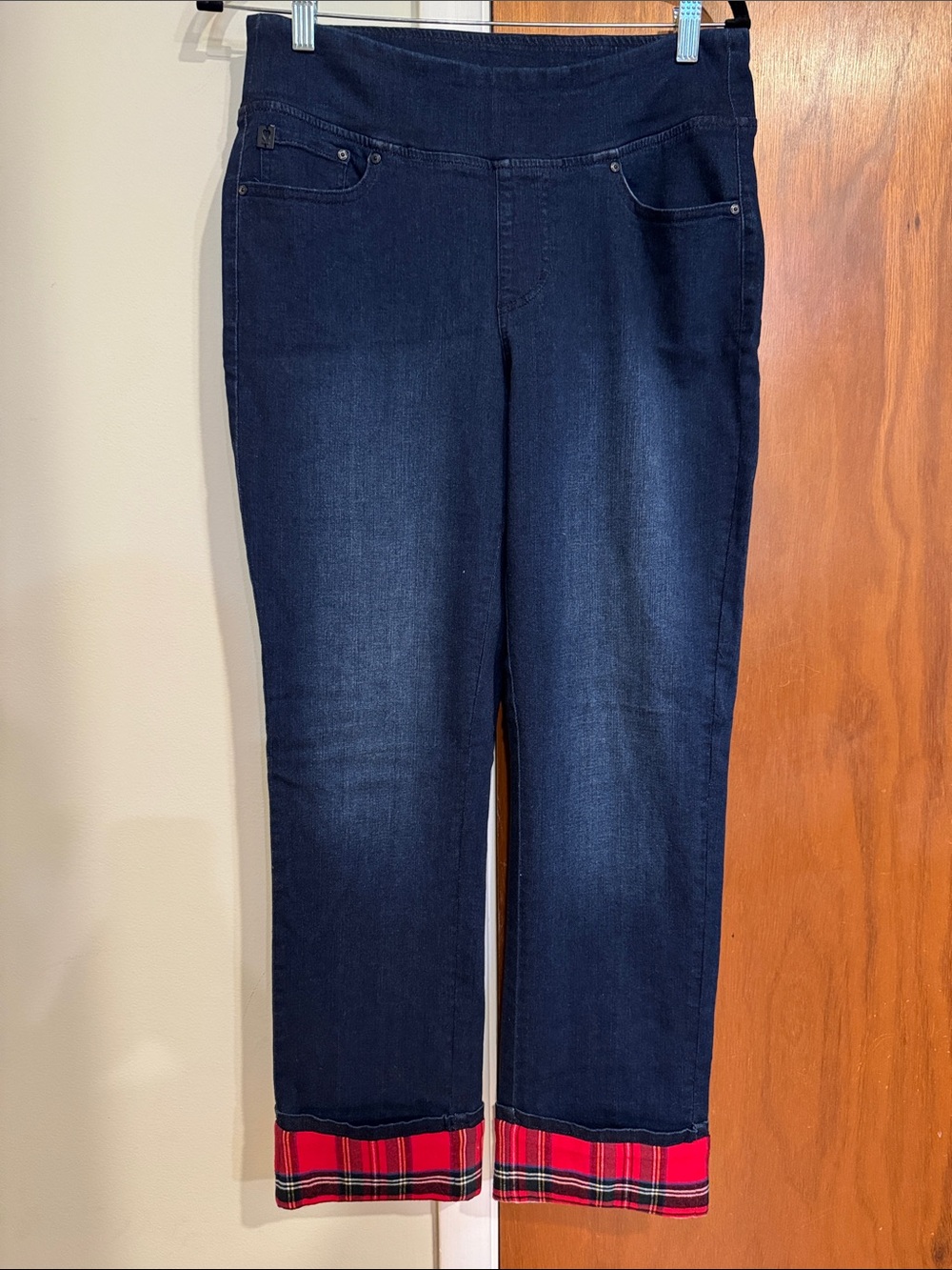 Belle by Kim Gravel Dark Blue Stretch Jeans with Red Plaid Cuff